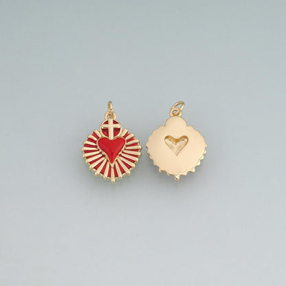 18K Gold Filled Enamel Sacred Heart Cross Pendant,Religious Charm Bracelet Necklace for DIY Jewelry Making Supply