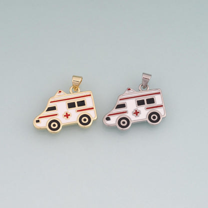 18K Gold Filled Enamel Ambulance Pendant,Medical Charm Bracelet Necklace for DIY Jewelry Making Supply