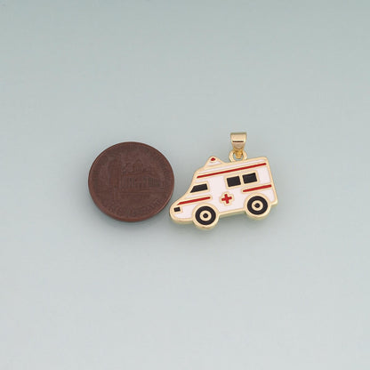 18K Gold Filled Enamel Ambulance Pendant,Medical Charm Bracelet Necklace for DIY Jewelry Making Supply