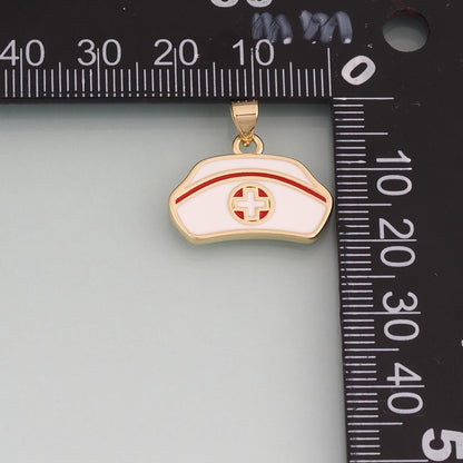 18K Gold Filled Enamel Nurse Hat Pendant,Healthcare Charm Bracelet Necklace for DIY Jewelry Making Supply
