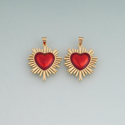 18K Gold Filled Enamel Sacred Heart Pendant,Heart Sunburst Charm Bracelet Necklace for DIY Jewelry Making Supply