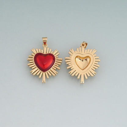 18K Gold Filled Enamel Sacred Heart Pendant,Heart Sunburst Charm Bracelet Necklace for DIY Jewelry Making Supply