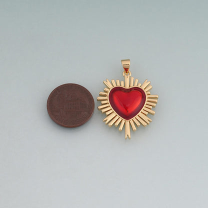 18K Gold Filled Enamel Sacred Heart Pendant,Heart Sunburst Charm Bracelet Necklace for DIY Jewelry Making Supply