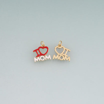 18K Gold Filled Enamel I Love Mom Pendant,Heart Family Charm Bracelet Necklace for DIY Jewelry Making Supply