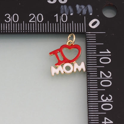 18K Gold Filled Enamel I Love Mom Pendant,Heart Family Charm Bracelet Necklace for DIY Jewelry Making Supply