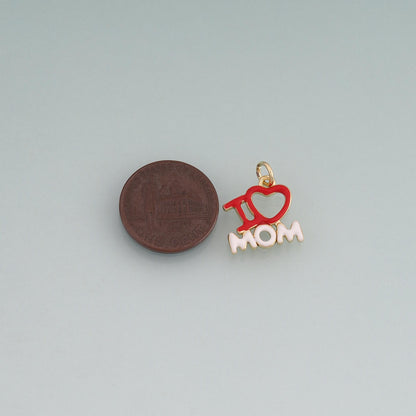 18K Gold Filled Enamel I Love Mom Pendant,Heart Family Charm Bracelet Necklace for DIY Jewelry Making Supply