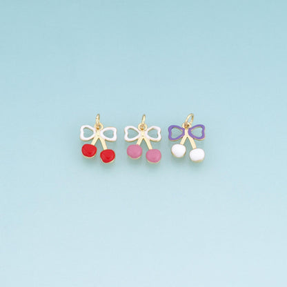 18K Gold Filled Enamel Bow Cherry Pendant,Cute Fruit Charm Bracelet Necklace for DIY Jewelry Making Supply