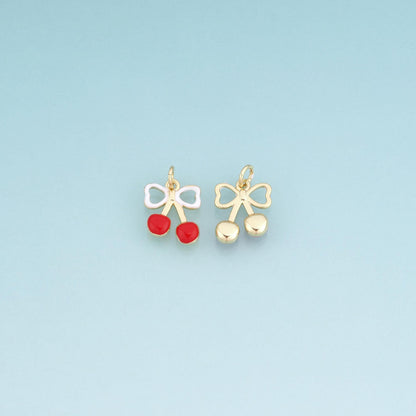 18K Gold Filled Enamel Bow Cherry Pendant,Cute Fruit Charm Bracelet Necklace for DIY Jewelry Making Supply