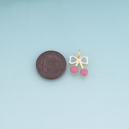 18K Gold Filled Enamel Bow Cherry Pendant,Cute Fruit Charm Bracelet Necklace for DIY Jewelry Making Supply