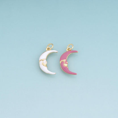 18K Gold Filled Enamel Moon Face Pendant,Crescent Charm Bracelet Necklace for DIY Jewelry Making Supply