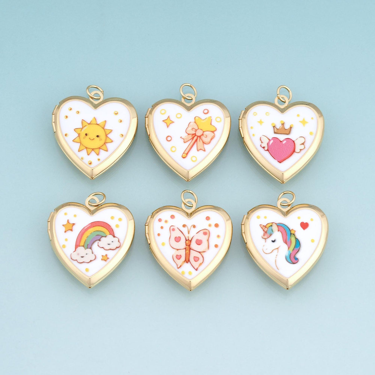 18K Gold Filled Enamel Heart Locket Pendant,Cute Pattern Charm Bracelet Necklace for DIY Jewelry Making Supply