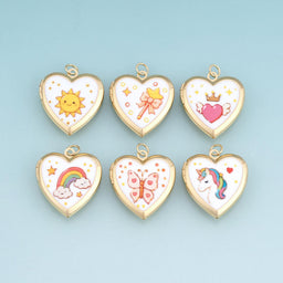 18K Gold Filled Enamel Heart Locket Pendant,Cute Pattern Charm Bracelet Necklace for DIY Jewelry Making Supply