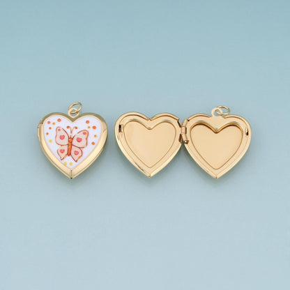 18K Gold Filled Enamel Heart Locket Pendant,Cute Pattern Charm Bracelet Necklace for DIY Jewelry Making Supply