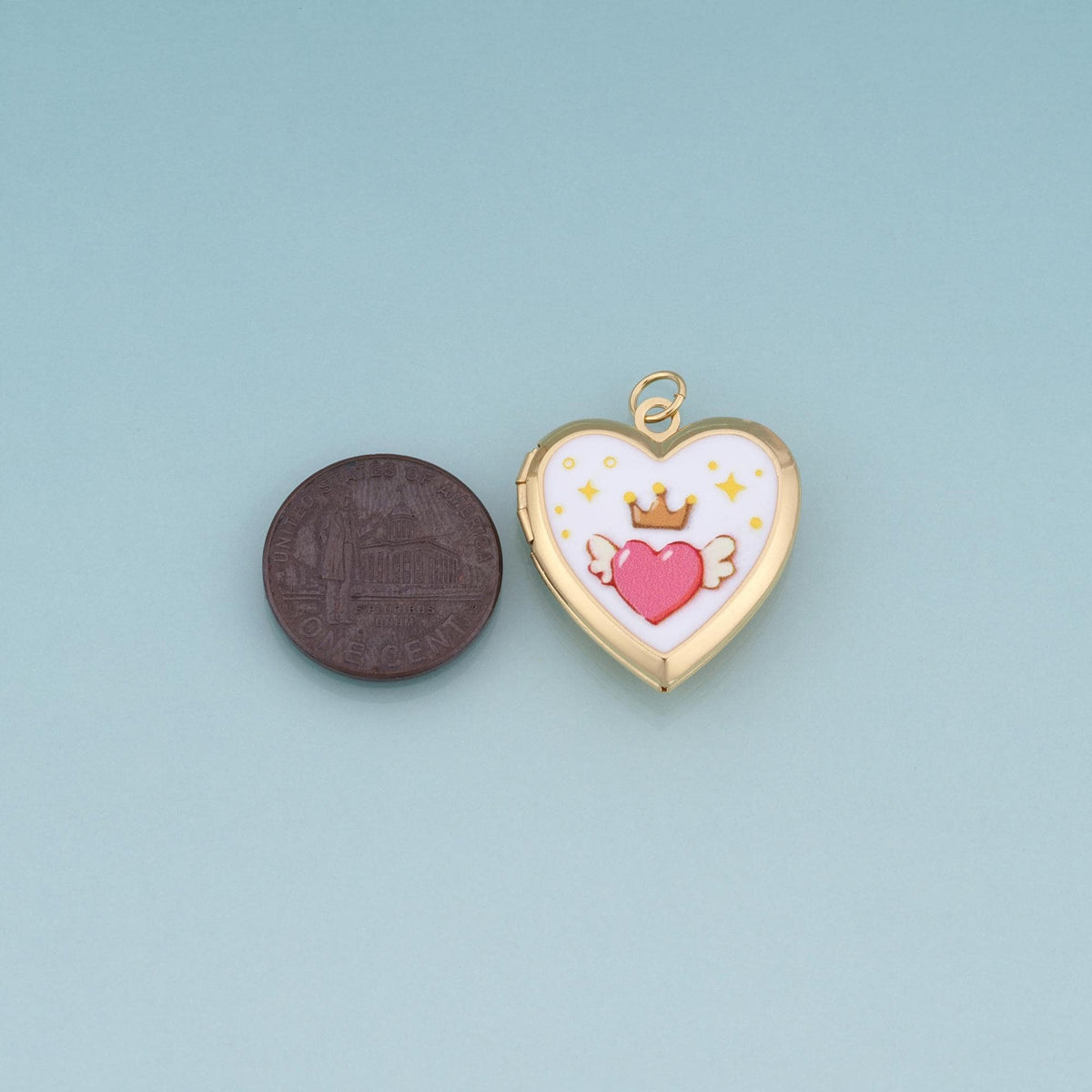 18K Gold Filled Enamel Heart Locket Pendant,Cute Pattern Charm Bracelet Necklace for DIY Jewelry Making Supply