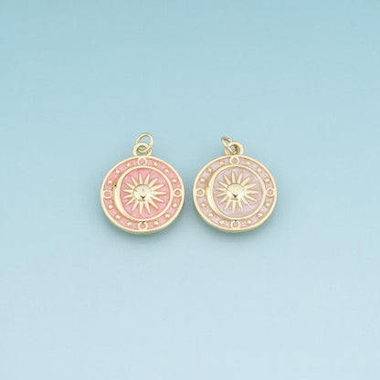 18K Gold Filled Enamel Sun Pendant,Celestial Roulette Charm Bracelet Necklace for DIY Jewelry Making Supply