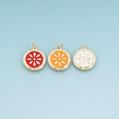 18K Gold Filled Enamel Sunburst Pendant,Round Flower Charm Bracelet Necklace for DIY Jewelry Making Supply
