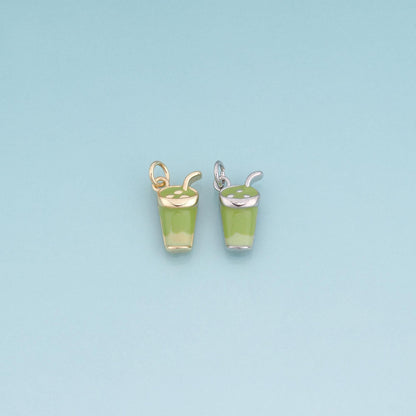 18K Gold Filled Enamel Matcha Cup Pendant,Green Drink Charm Bracelet Necklace for DIY Jewelry Making Supply