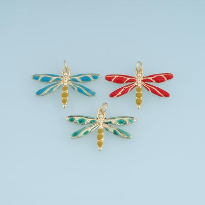 Gold Enamel Dragonfly Pendant,18K Gold Filled Insect Charm Bracelet Necklace for DIY Jewelry Making Supply
