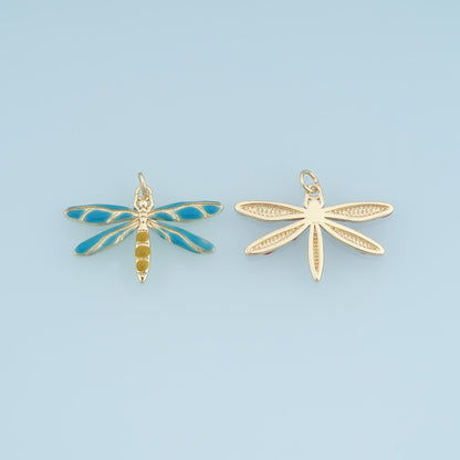 Gold Enamel Dragonfly Pendant,18K Gold Filled Insect Charm Bracelet Necklace for DIY Jewelry Making Supply