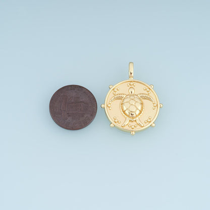 Gold Sea Turtle Pendant,18K Gold Filled Round Charm Bracelet Necklace for DIY Jewelry Making Supply