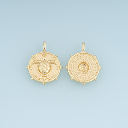Gold Sea Turtle Pendant,18K Gold Filled Round Charm Bracelet Necklace for DIY Jewelry Making Supply