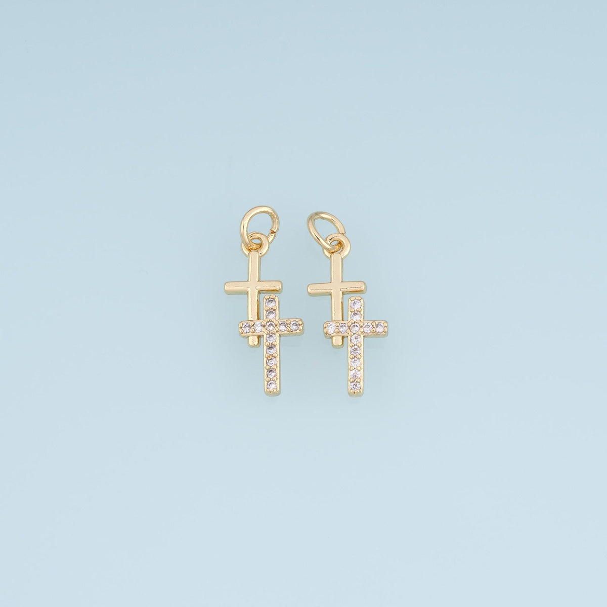 Gold CZ Double Cross Pendant,18K Gold Filled Religion Charm Bracelet Necklace for DIY Jewelry Making Supply