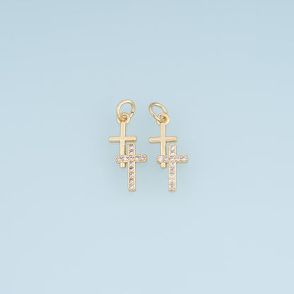 Gold CZ Double Cross Pendant,18K Gold Filled Religion Charm Bracelet Necklace for DIY Jewelry Making Supply