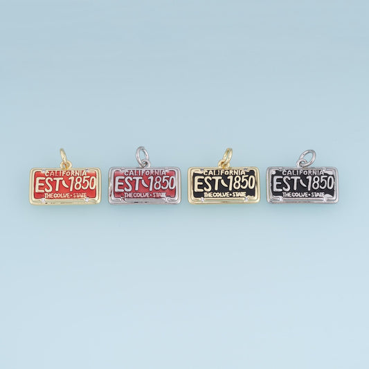 Gold Enamel License Plate Pendant,18K Gold Filled California EST 1850 Charm Bracelet Necklace for DIY Jewelry Making Supply