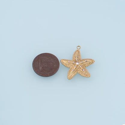CZ Deep Sea Texture Starfish Pendant,14K Gold Minimalist Charm DIY Charm for Necklace Bracelet Making