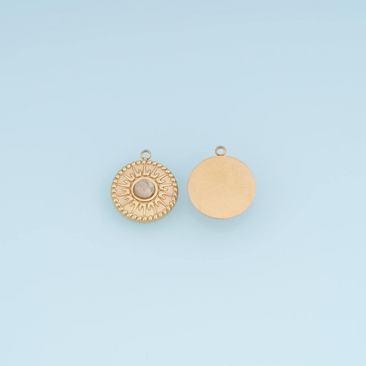 Round Sun Bas-relief Pendant ,14K Gold Natural Stone Charm DIY Charm for Necklace Bracelet Making