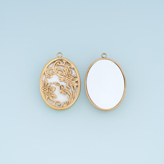 Shell Cutout Flower Pendant ,14K Gold Exquisite Oval Charm DIY Charm for Necklace Bracelet Making