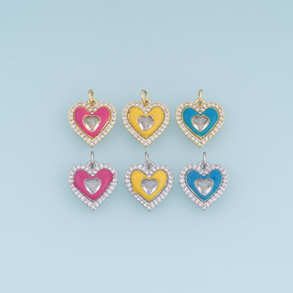 18K Gold Filled CZ Heart Charm,Colorful Enamel Heart Pendant,Pink Yellow Blue Heart Charm,DIY Necklace Bracelet Jewelry Suppl
