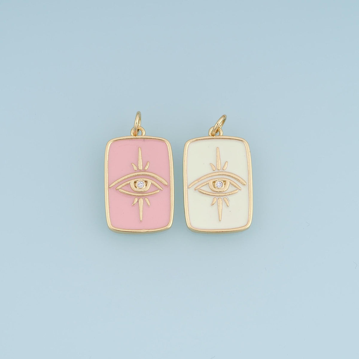 18K Gold Filled Evil Eye Charm,CZ Enamel Eye Pendant,Pink White Eye Charm,Rectangular Talisman Charm,DIY Jewelry Supply