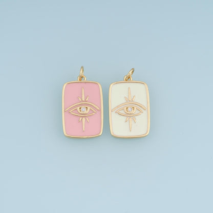 18K Gold Filled Evil Eye Charm,CZ Enamel Eye Pendant,Pink White Eye Charm,Rectangular Talisman Charm,DIY Jewelry Supply
