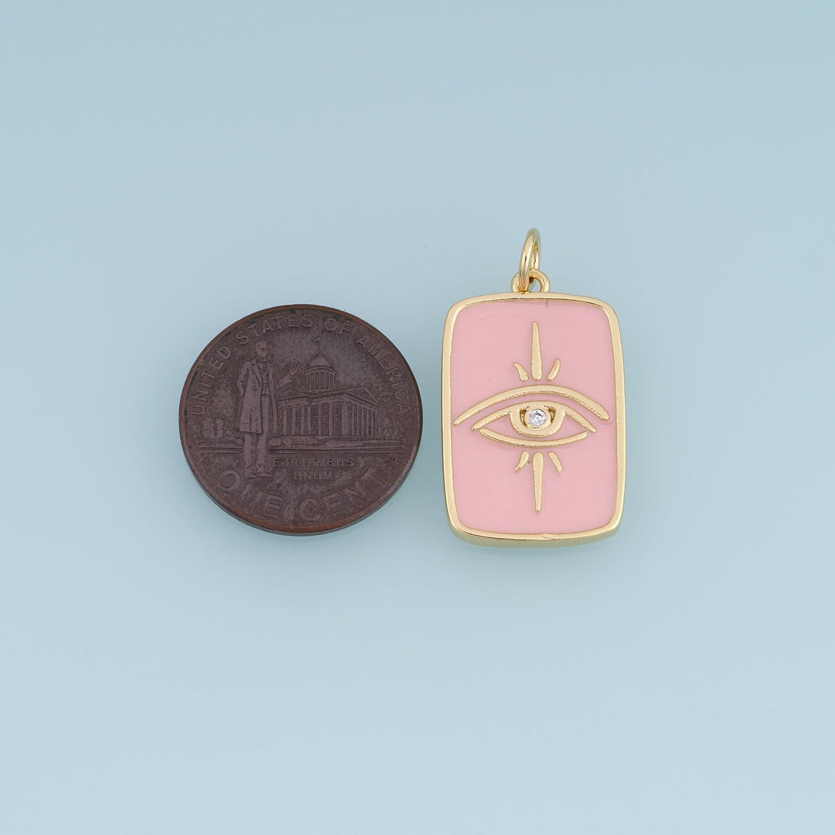 18K Gold Filled Evil Eye Charm,CZ Enamel Eye Pendant,Pink White Eye Charm,Rectangular Talisman Charm,DIY Jewelry Supply