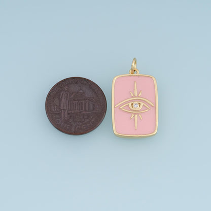 18K Gold Filled Evil Eye Charm,CZ Enamel Eye Pendant,Pink White Eye Charm,Rectangular Talisman Charm,DIY Jewelry Supply