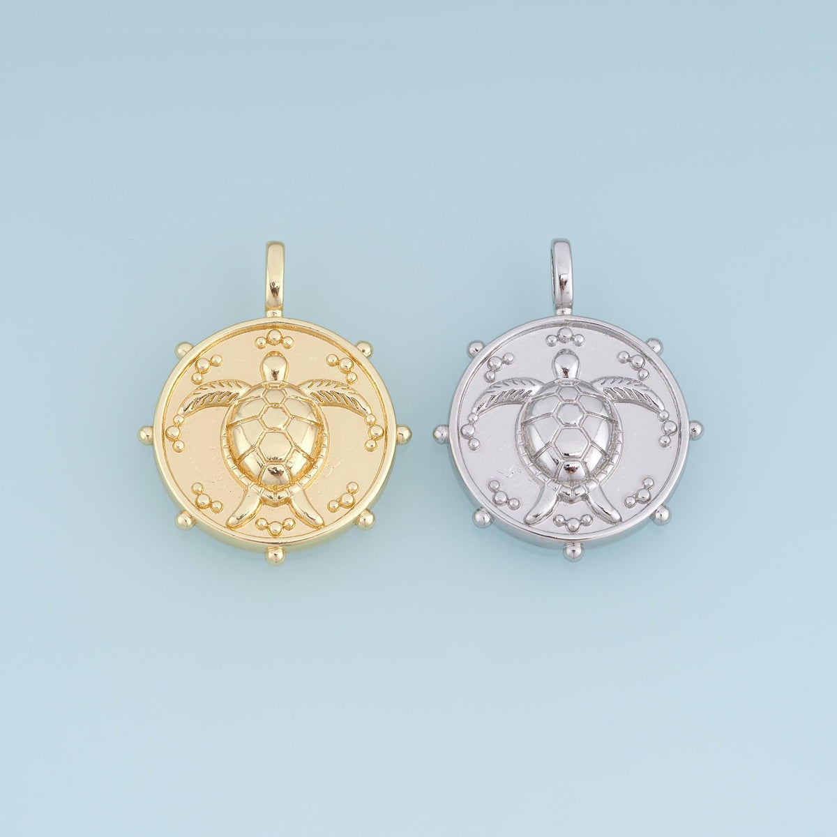 Gold Sea Turtle Pendant,18K Gold Filled Round Charm Bracelet Necklace for DIY Jewelry Making Supply