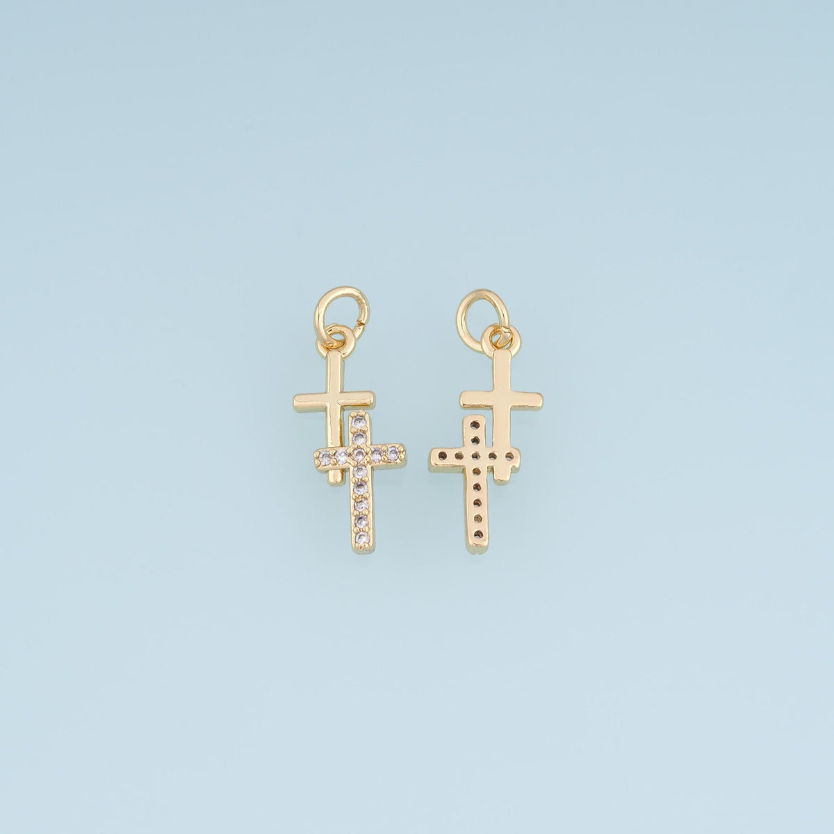 Gold CZ Double Cross Pendant,18K Gold Filled Religion Charm Bracelet Necklace for DIY Jewelry Making Supply