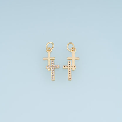 Gold CZ Double Cross Pendant,18K Gold Filled Religion Charm Bracelet Necklace for DIY Jewelry Making Supply