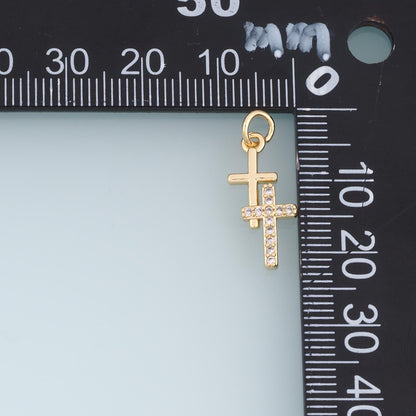 Gold CZ Double Cross Pendant,18K Gold Filled Religion Charm Bracelet Necklace for DIY Jewelry Making Supply