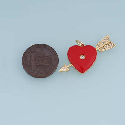 18K Gold Filled Heart Arrow Charm,CZ Enamel Heart Pendant,Red Cupid Arrow Charm,DIY Necklace Bracelet Jewelry Supply