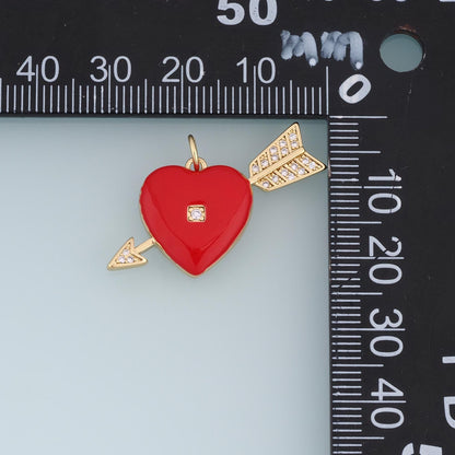 18K Gold Filled Heart Arrow Charm,CZ Enamel Heart Pendant,Red Cupid Arrow Charm,DIY Necklace Bracelet Jewelry Supply