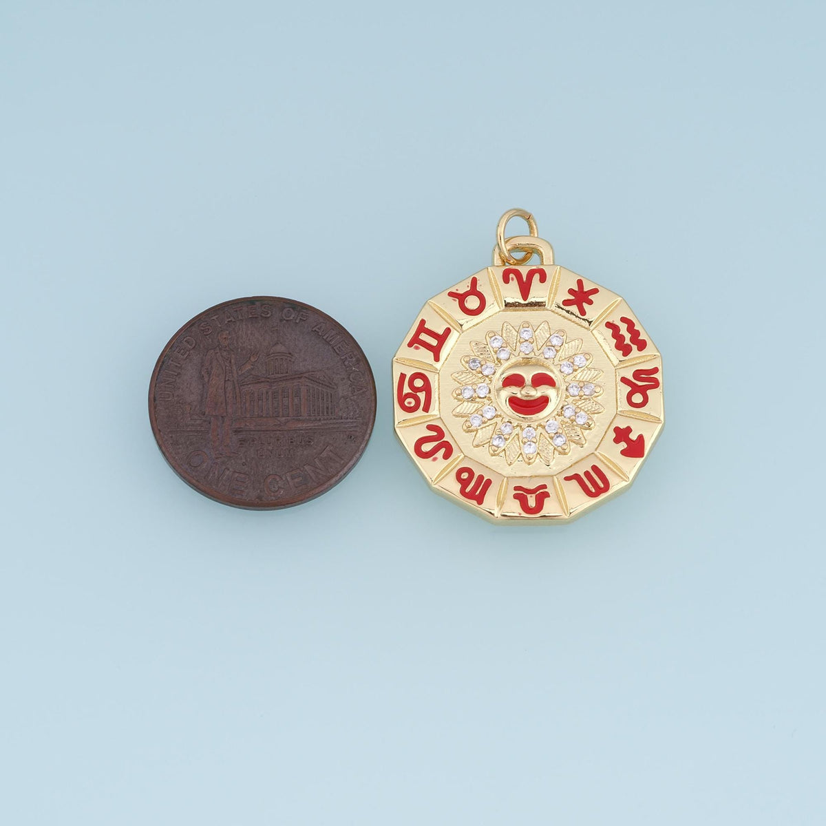 18K Gold Filled Zodiac Wheel Charm,CZ Astrology Sun Pendant,Enamel Horoscope Charm,Celestial Jewelry Making Supply