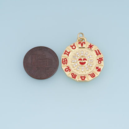 18K Gold Filled Zodiac Wheel Charm,CZ Astrology Sun Pendant,Enamel Horoscope Charm,Celestial Jewelry Making Supply