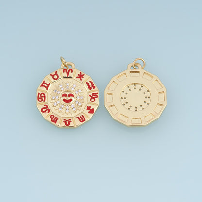 18K Gold Filled Zodiac Wheel Charm,CZ Astrology Sun Pendant,Enamel Horoscope Charm,Celestial Jewelry Making Supply
