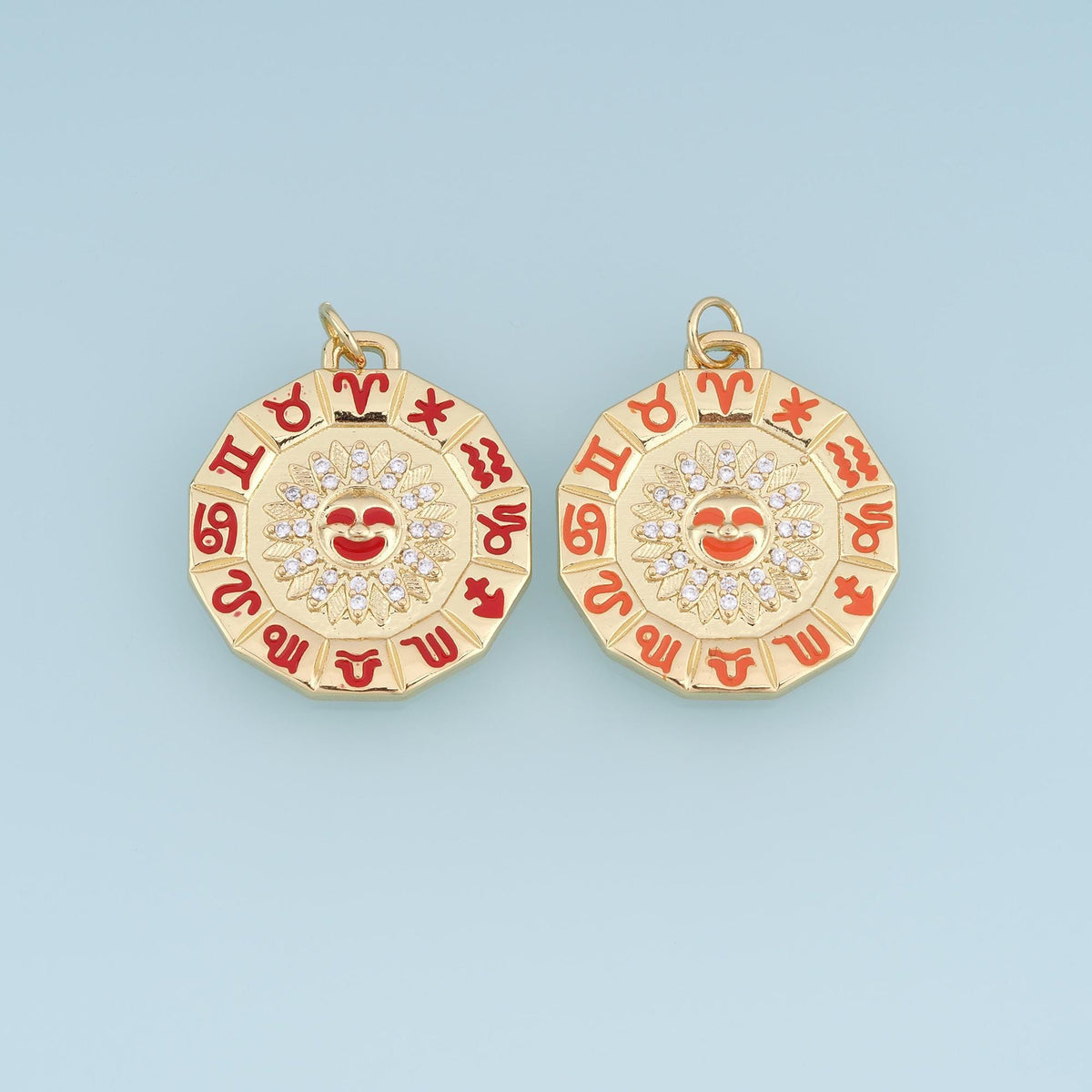 18K Gold Filled Zodiac Wheel Charm,CZ Astrology Sun Pendant,Enamel Horoscope Charm,Celestial Jewelry Making Supply