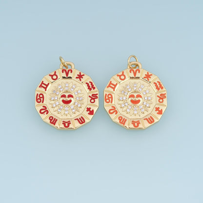 18K Gold Filled Zodiac Wheel Charm,CZ Astrology Sun Pendant,Enamel Horoscope Charm,Celestial Jewelry Making Supply