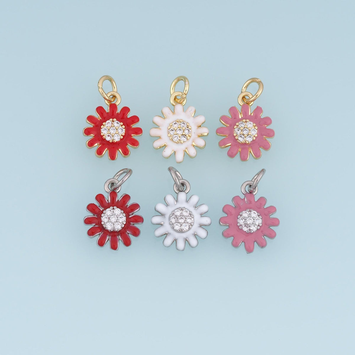 18K Gold Filled Daisy Flower Charm,CZ Enamel Flower Pendant,Red White Pink Floral Charm,DIY Necklace Bracelet Jewelry Supply