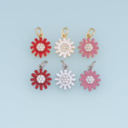 18K Gold Filled Daisy Flower Charm,CZ Enamel Flower Pendant,Red White Pink Floral Charm,DIY Necklace Bracelet Jewelry Supply