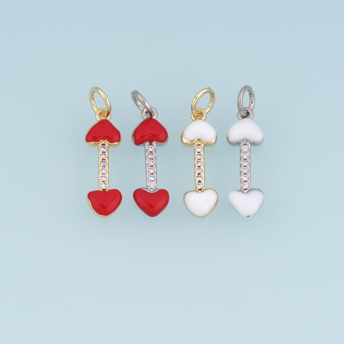 18K Gold Filled Double Heart Charm,CZ Heart Bar Pendant,Red White Enamel Heart Charm,DIY Necklace Bracelet Jewelry Supply